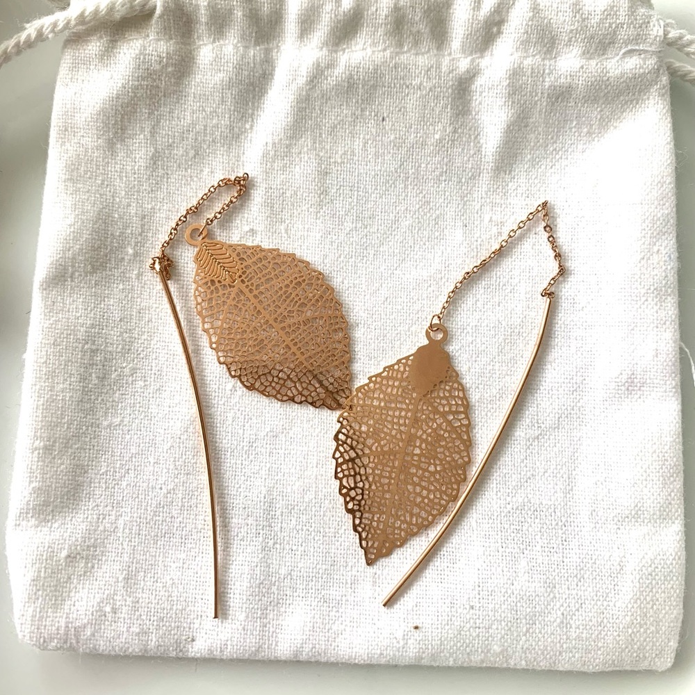 Rose gold leaf threader earrings
